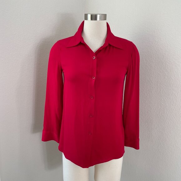 Alice + Olivia Womens XS Red Silk Stretch Button Up Shirt Roll Tab Sleeve Blouse - Picture 1 of 13
